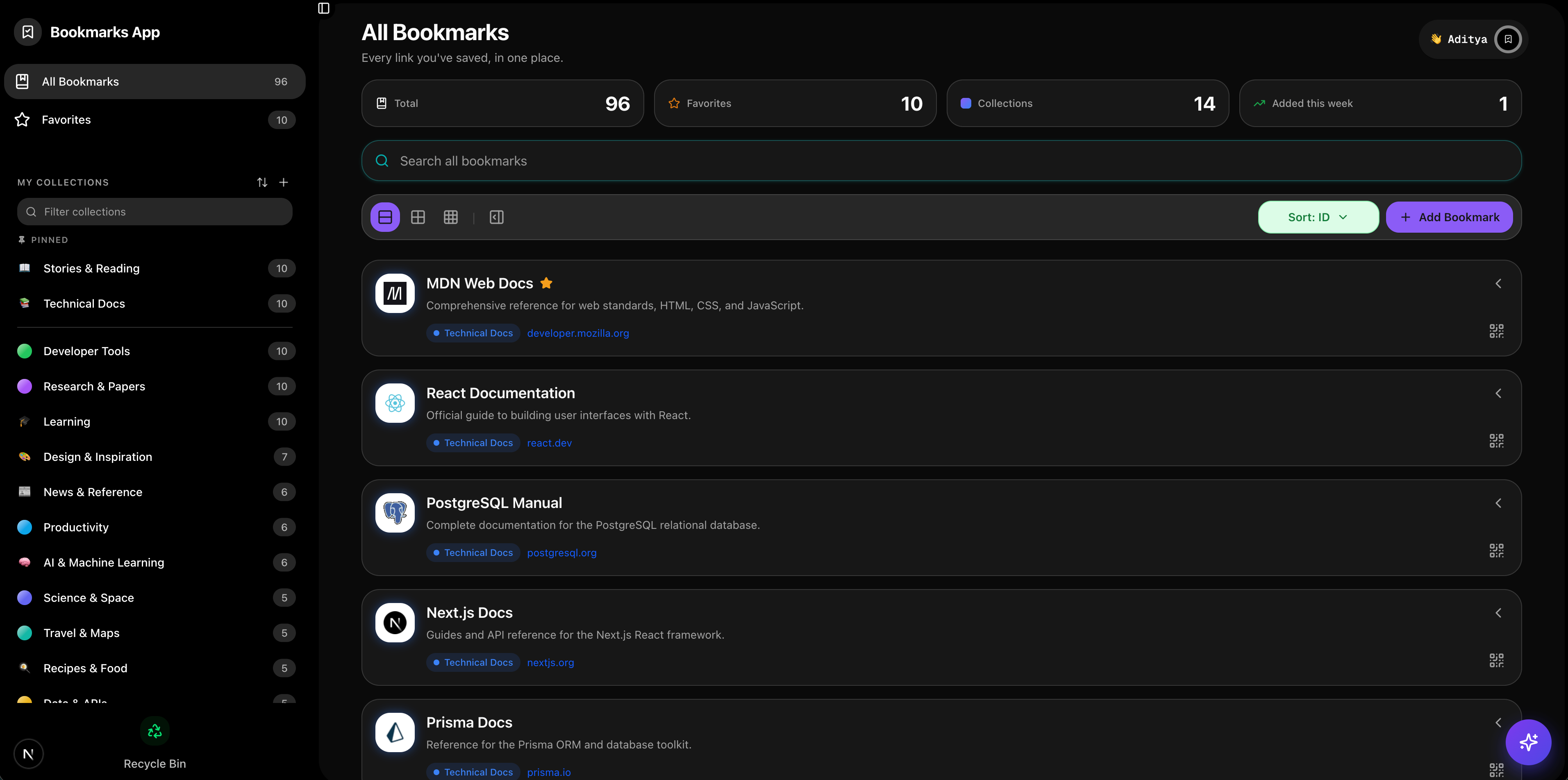 List view — Bookmarks App screenshot